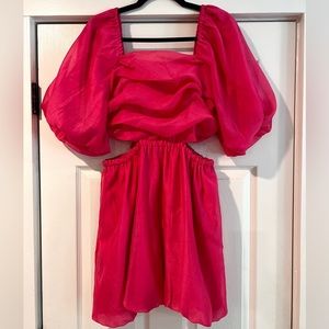 Pink Puff Sleeve Cut Out Bubble A-Line Dress